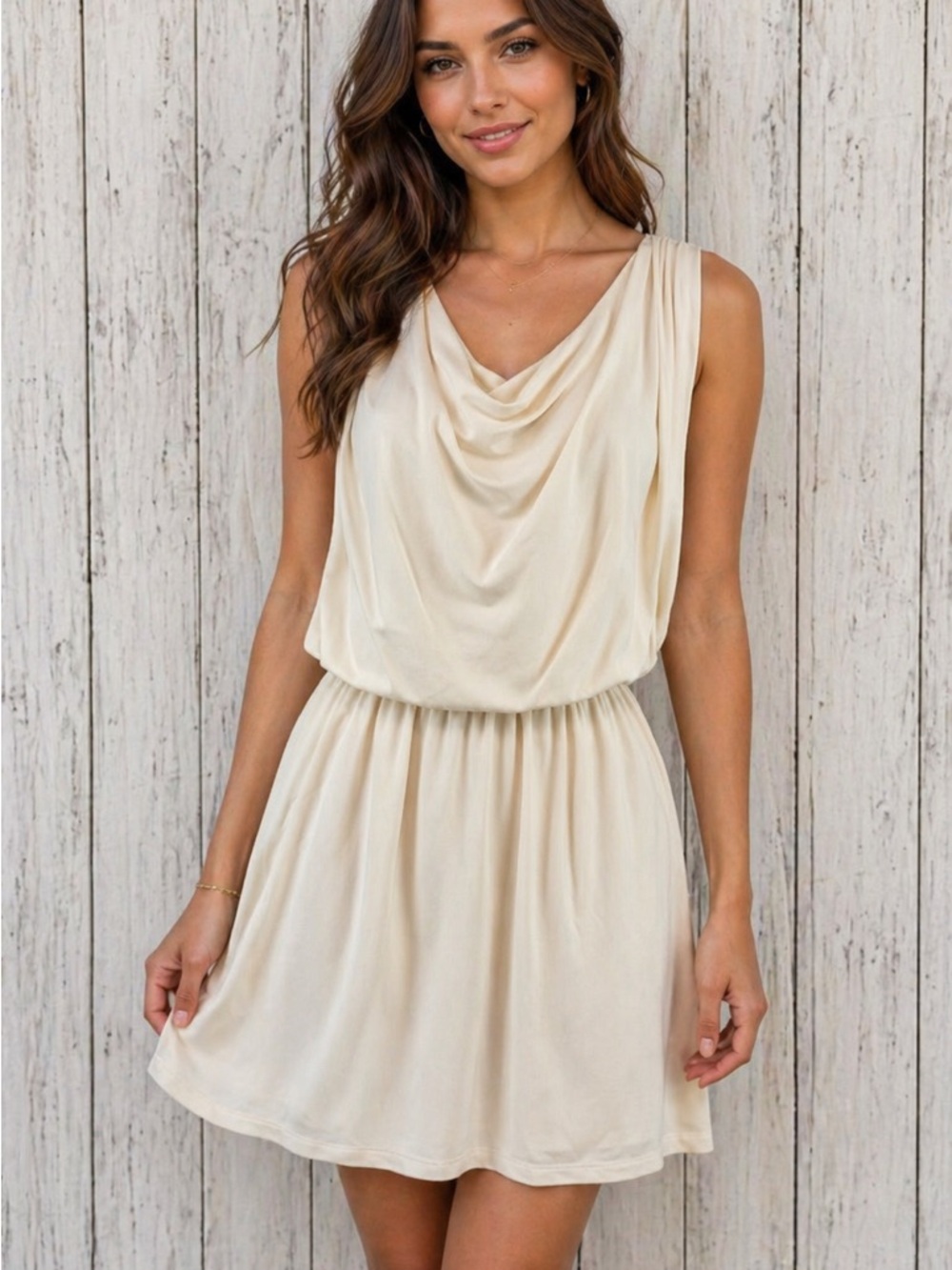 Halston Heritage Cream Sleeveless Cowl Neck Mini Dress, size small